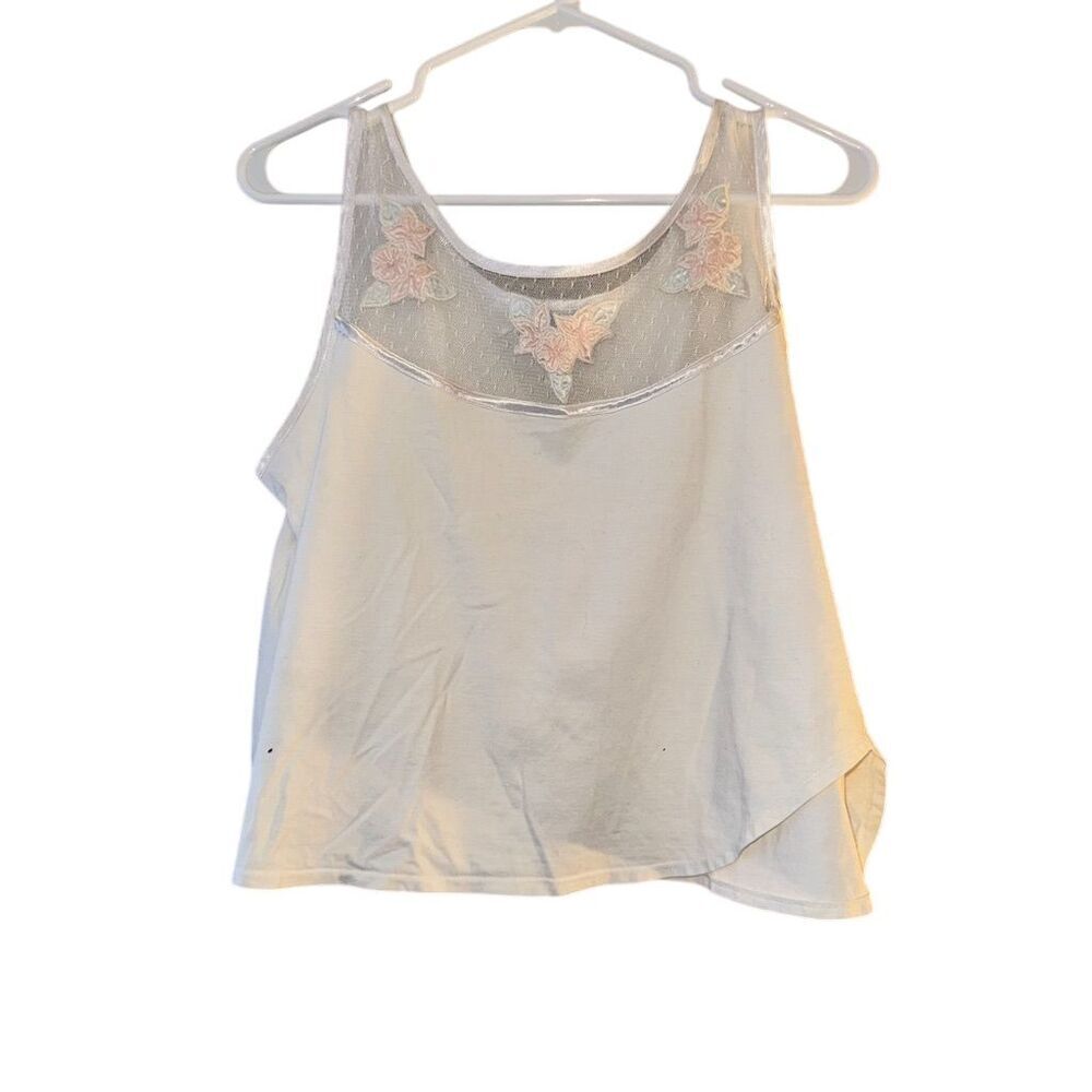 Etienne Vintage Off White Floral Embroidered Mesh Yoke Sleeveless Tank‎ Top